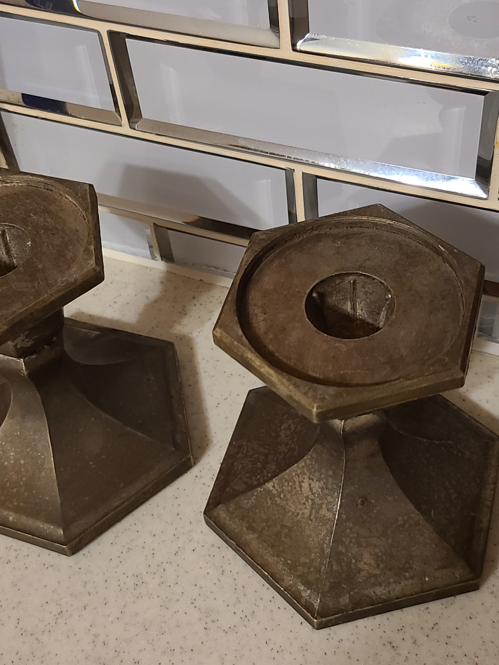 Antique Brass Hexagonal Candle Stick Holders Set Of 2 Total